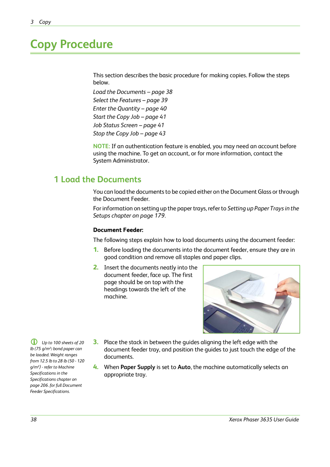 Xerox 3635 manual Copy Procedure, Load the Documents, Document Feeder 