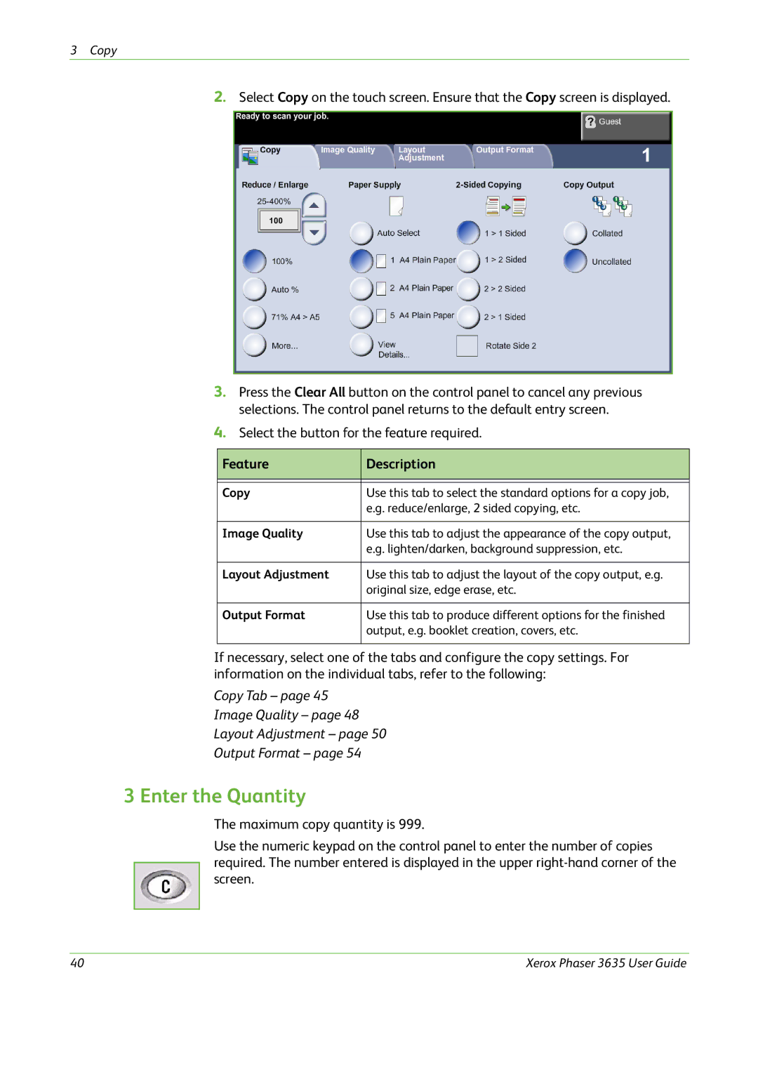 Xerox 3635 manual Enter the Quantity, Copy 