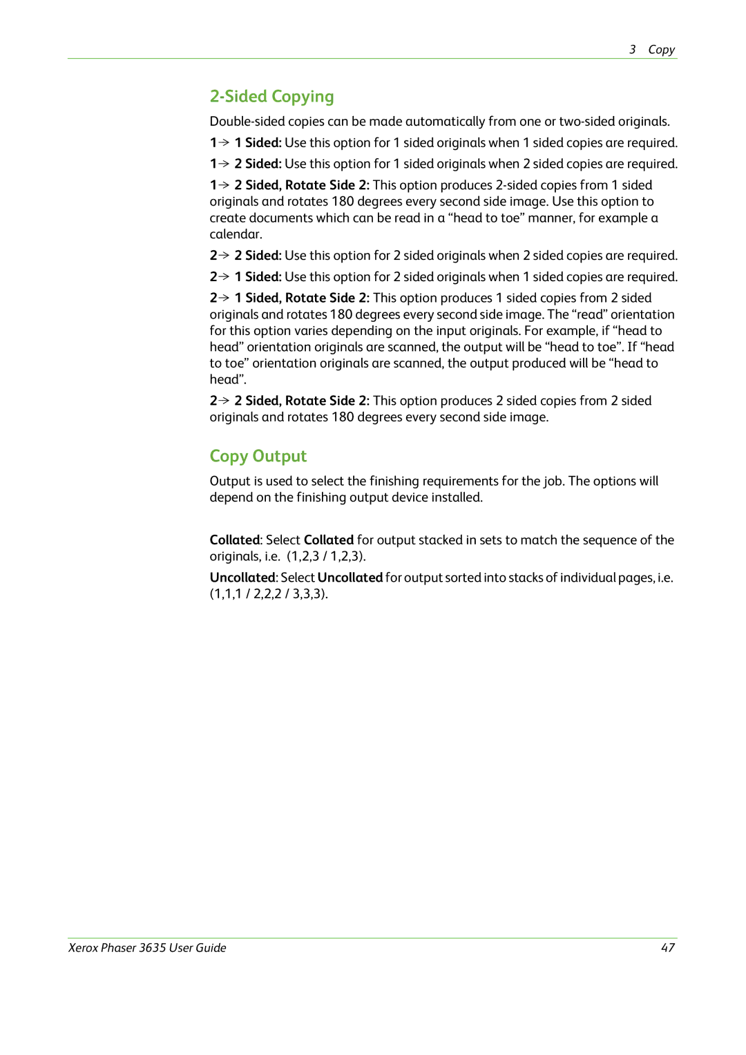 Xerox 3635 manual Sided Copying, Copy Output 