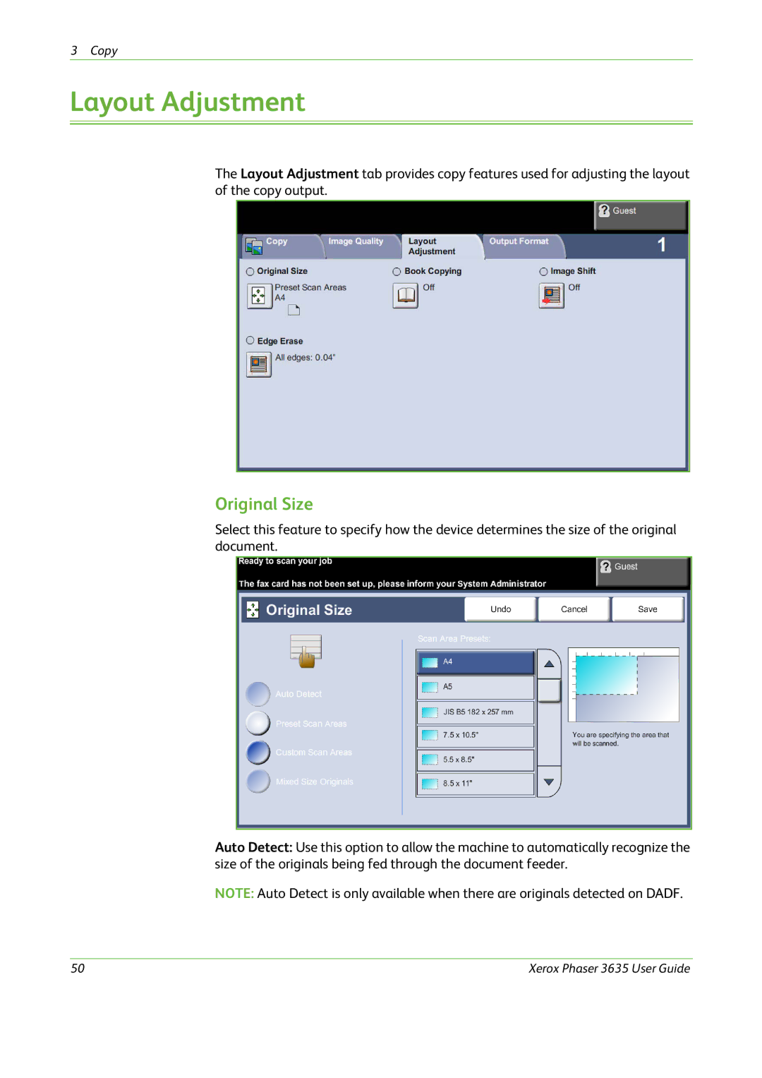 Xerox 3635 manual Layout Adjustment, Original Size 