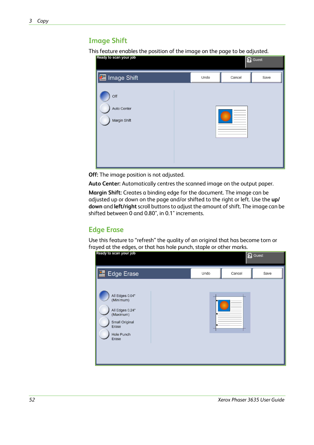 Xerox 3635 manual Image Shift, Edge Erase 