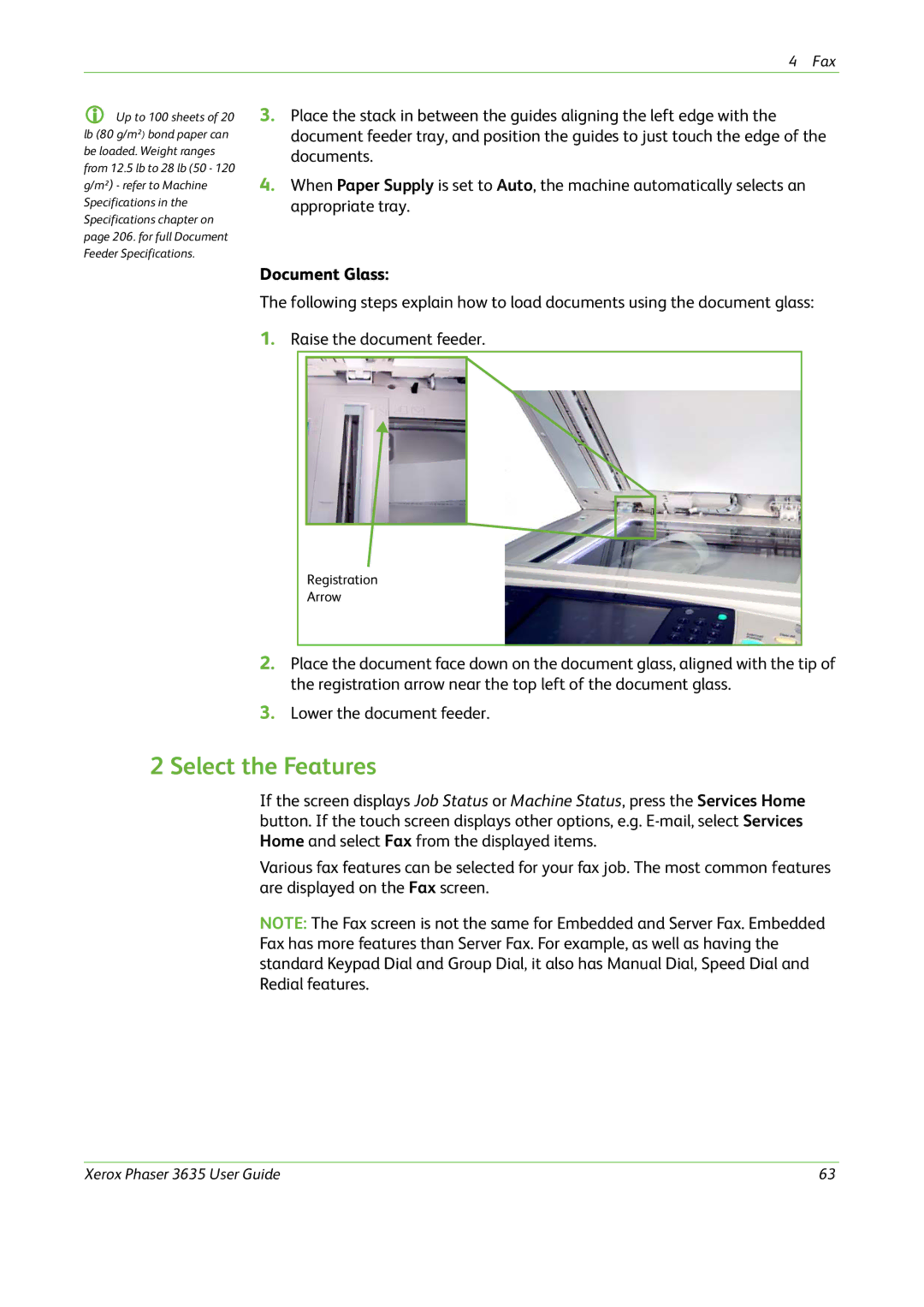 Xerox 3635 manual Select the Features, Document Glass 