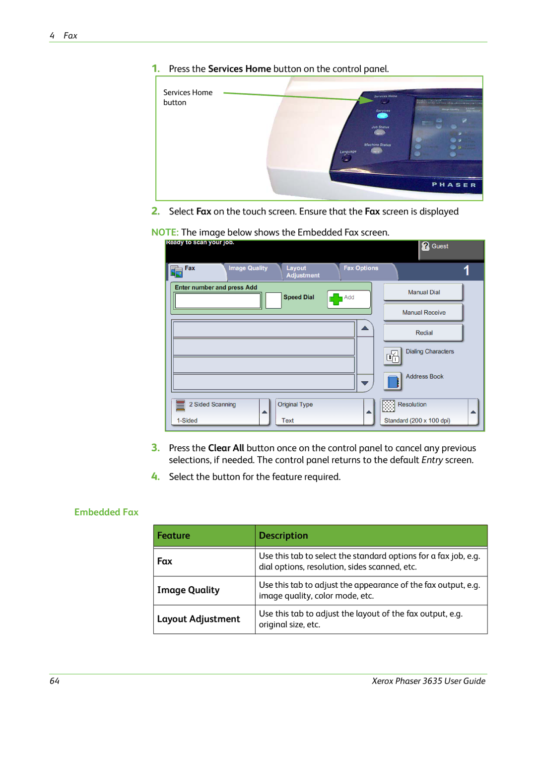 Xerox 3635 manual Embedded Fax, Feature Description Fax 