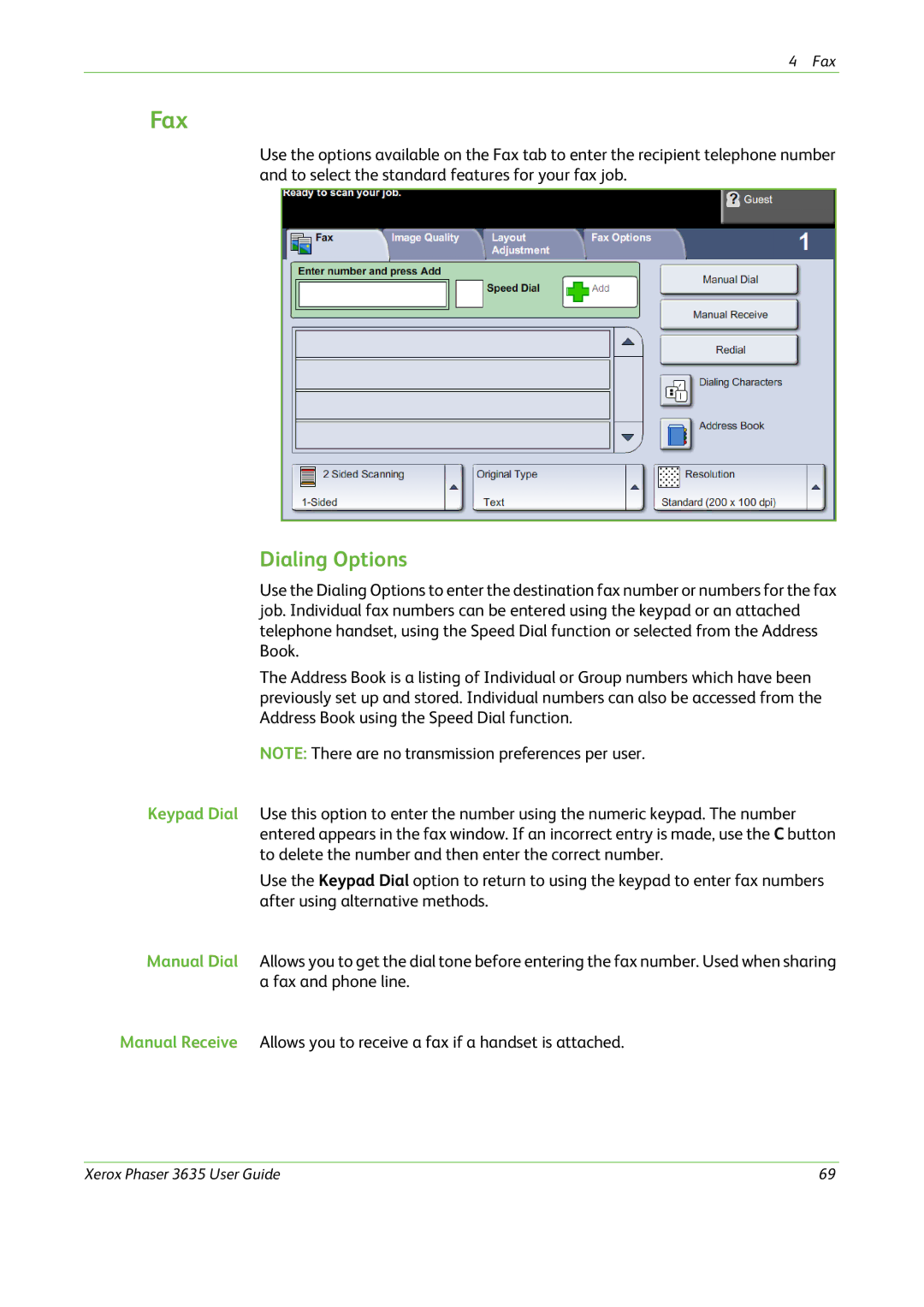 Xerox 3635 manual Fax, Dialing Options 