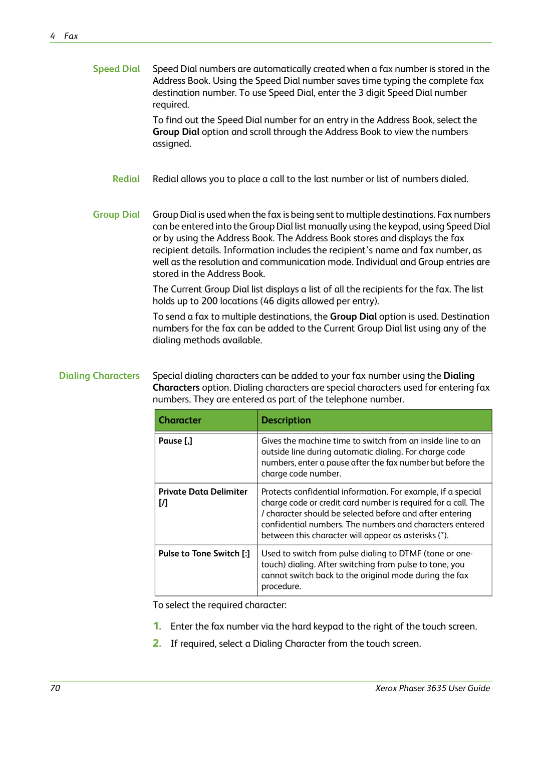 Xerox 3635 manual Character Description, Pause 