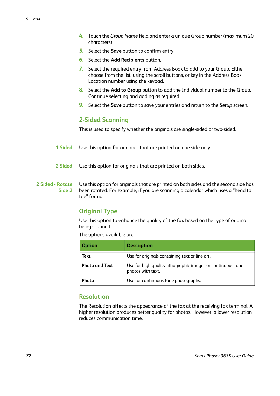 Xerox 3635 manual Sided Scanning, Resolution 