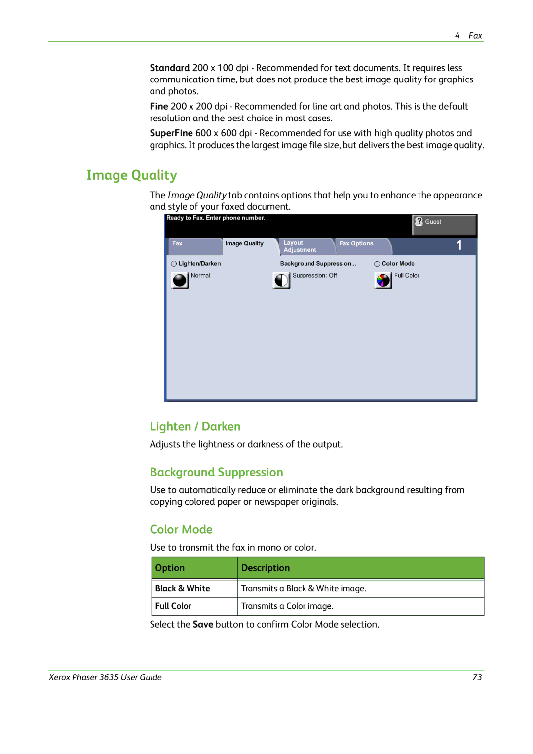 Xerox 3635 manual Image Quality, Color Mode 