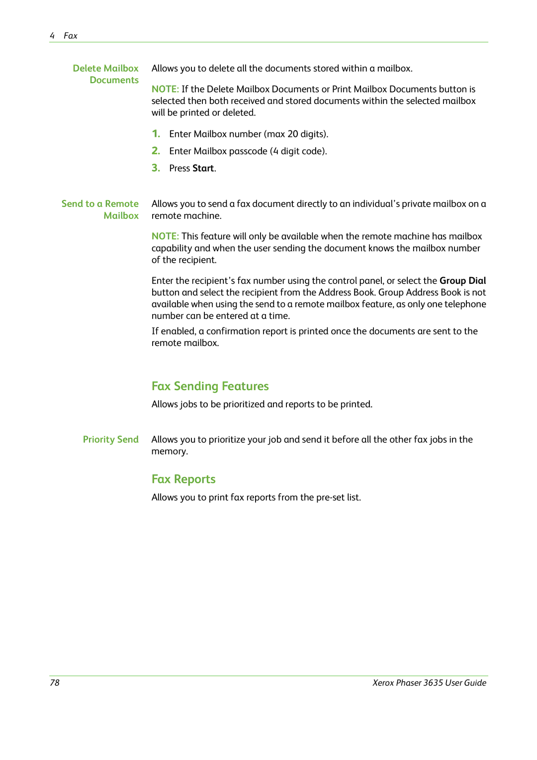 Xerox 3635 manual Fax Sending Features, Fax Reports 