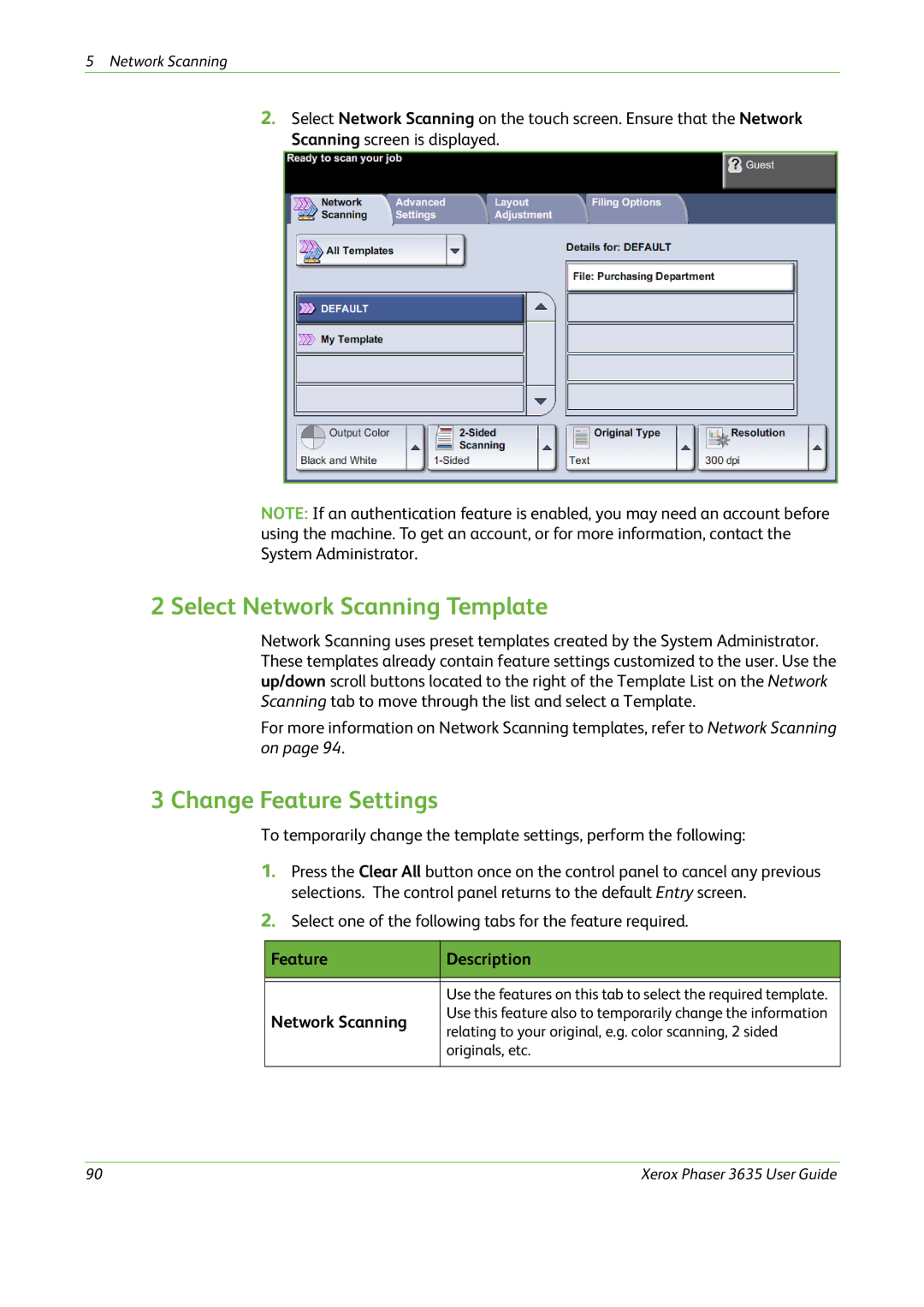 Xerox 3635 manual Select Network Scanning Template, Change Feature Settings 