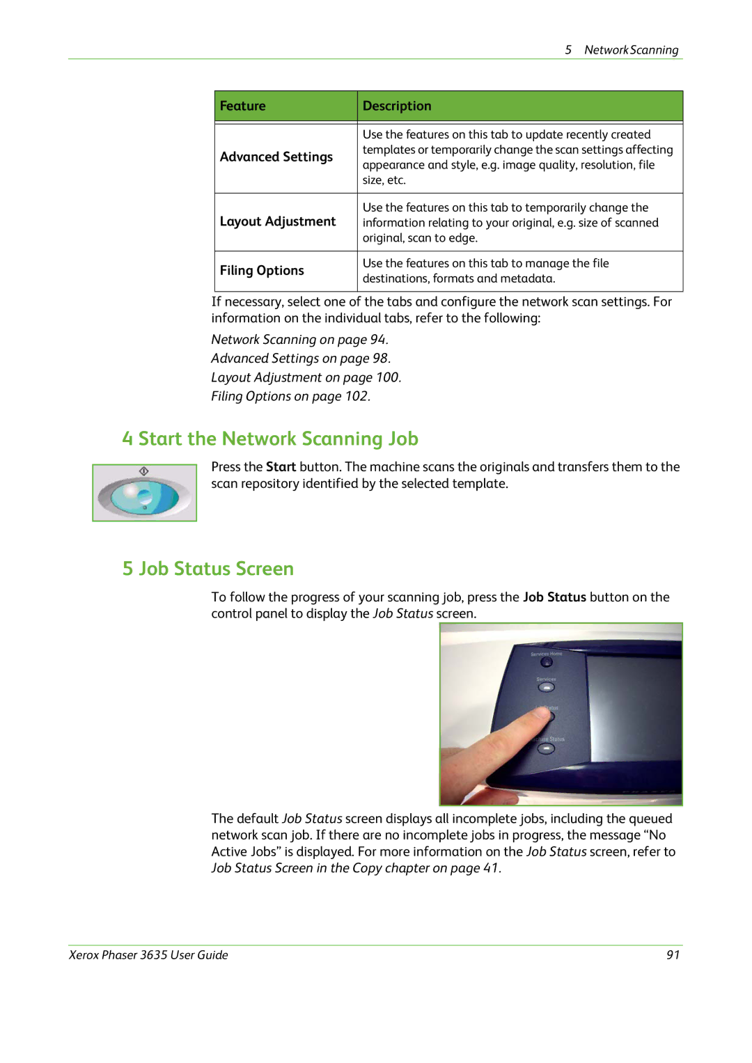 Xerox 3635 manual Start the Network Scanning Job, Advanced Settings, Filing Options 