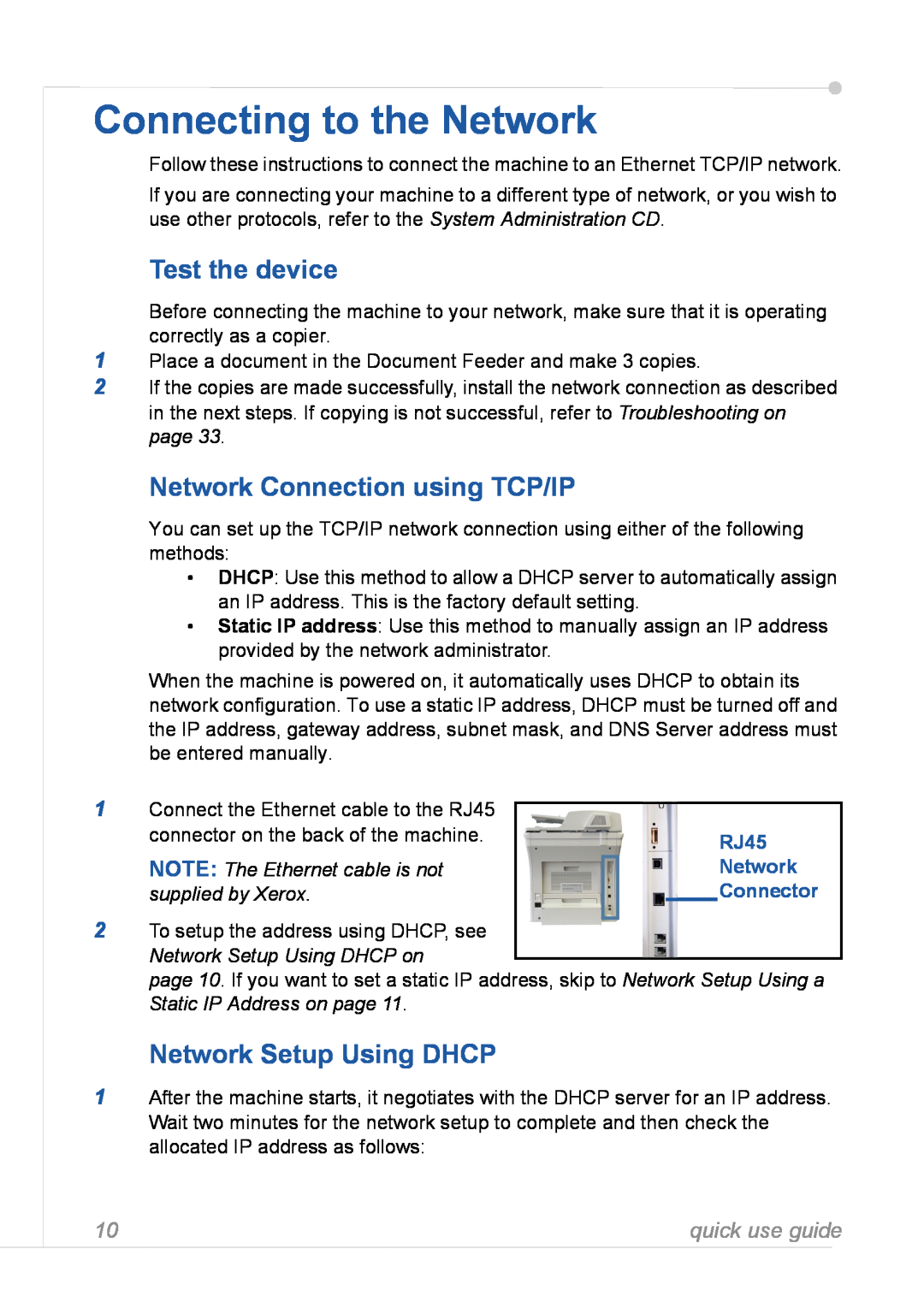 Xerox 3635MFP Connecting to the Network, Test the device, Network Connection using TCP/IP, Network Setup Using DHCP, RJ45 