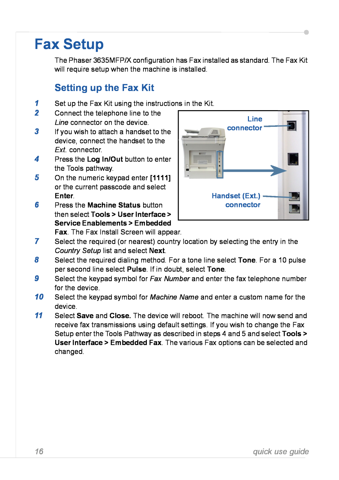 Xerox 3635MFP manual Fax Setup, Setting up the Fax Kit, Service Enablements > Embedded, quick use guide 