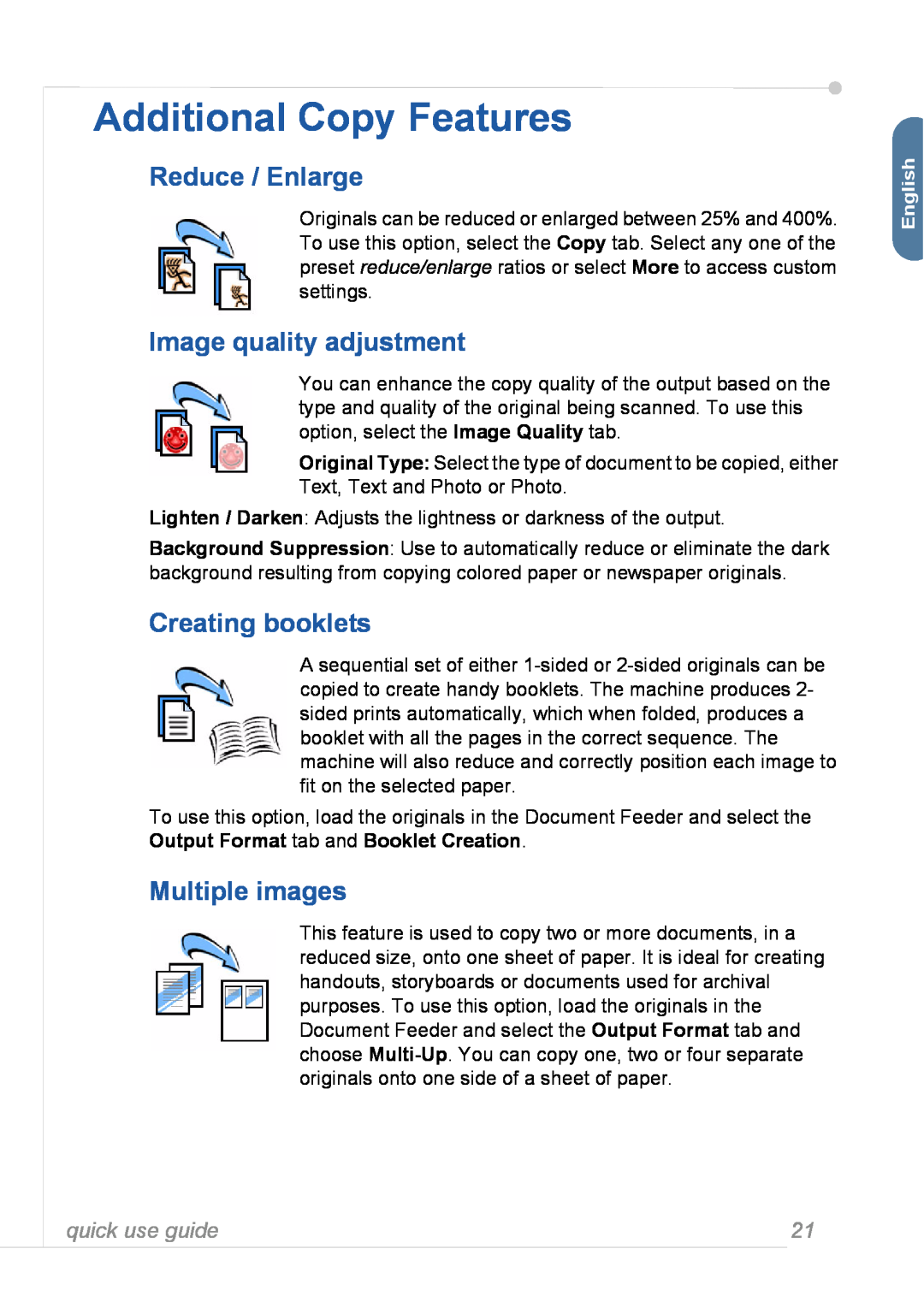 Xerox 3635MFP Additional Copy Features, Reduce / Enlarge, Image quality adjustment, Creating booklets, Multiple images 