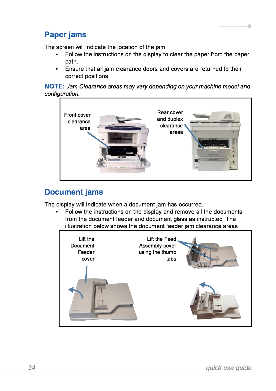 Xerox 3635MFP manual Paper jams, Document jams, quick use guide 