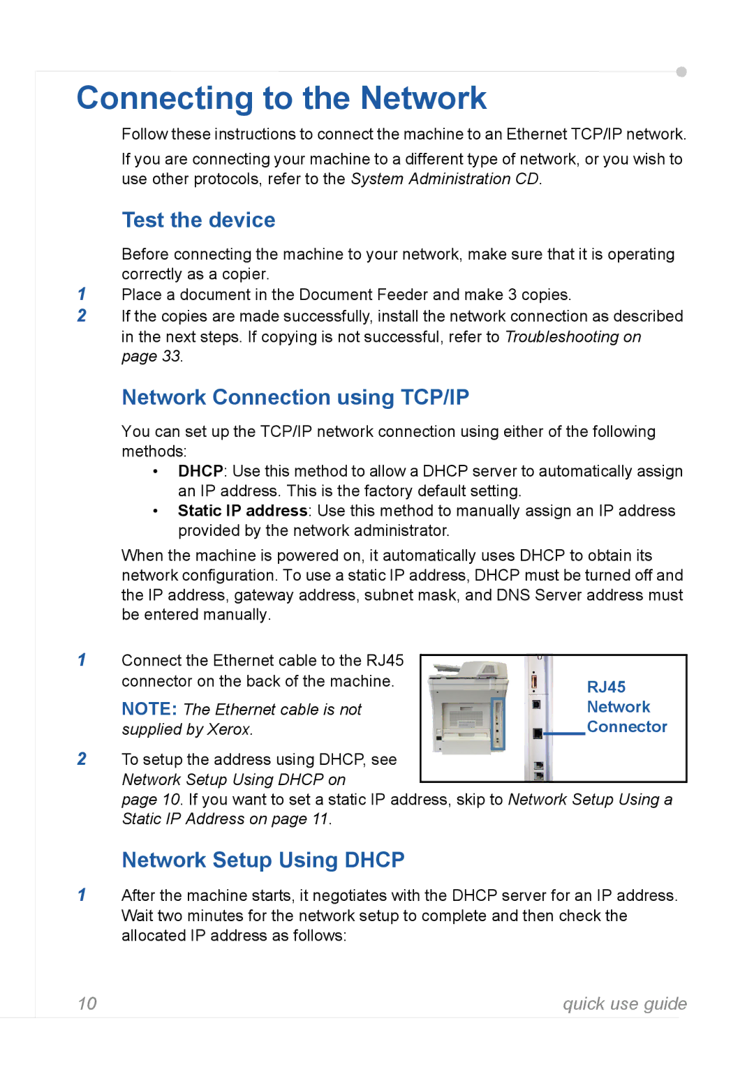 Xerox 3635MFP manual Connecting to the Network, Test the device, Network Connection using TCP/IP, Network Setup Using Dhcp 