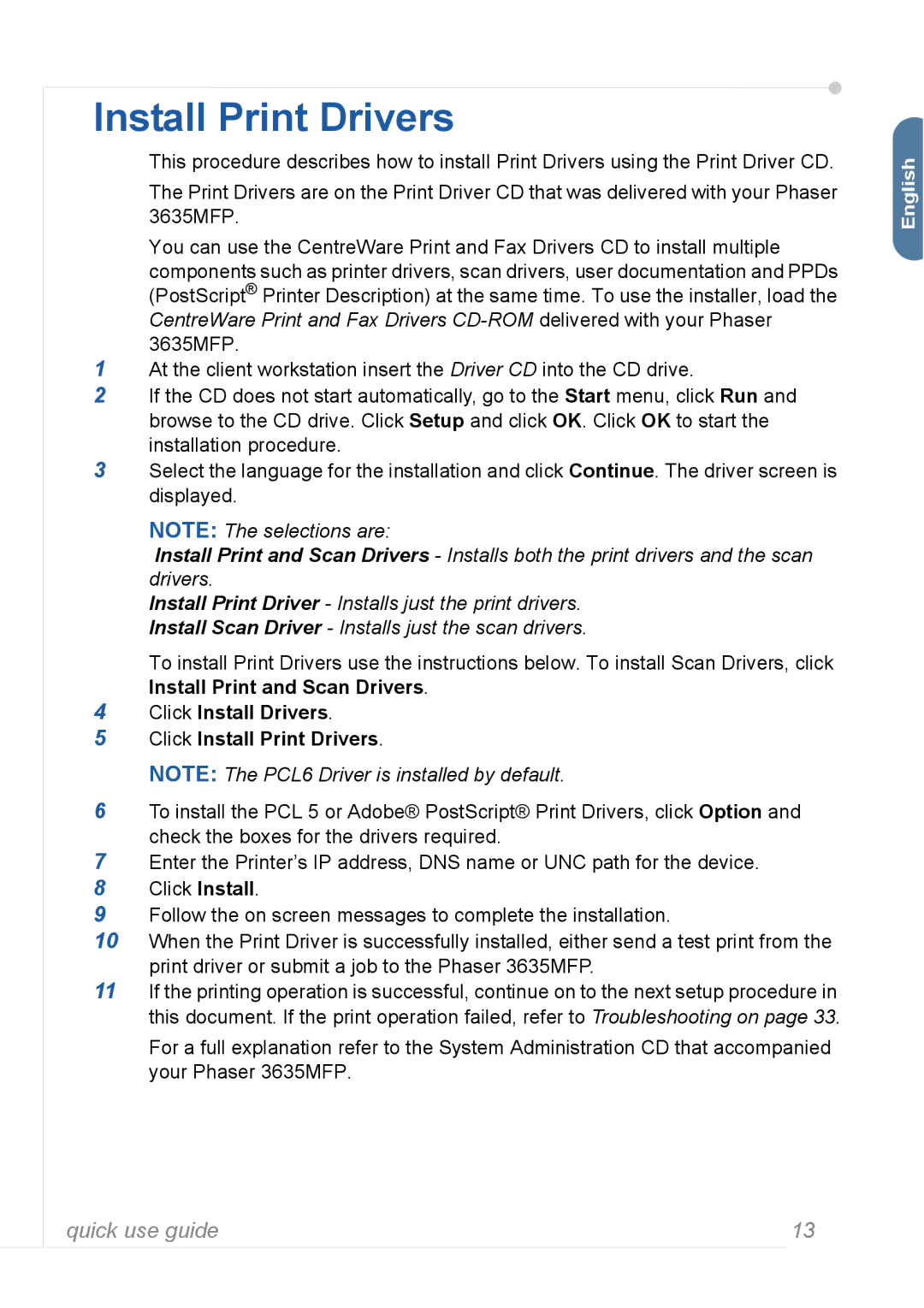 Xerox 3635MFP manual Click Install Drivers Click Install Print Drivers 