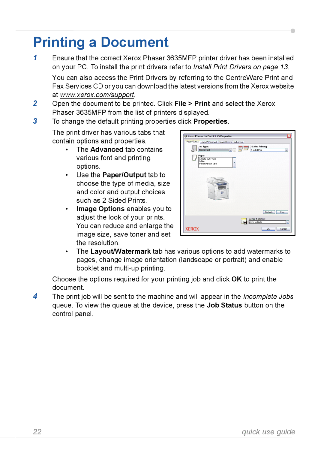 Xerox 3635MFP manual Printing a Document, Advanced tab contains various font and printing options 