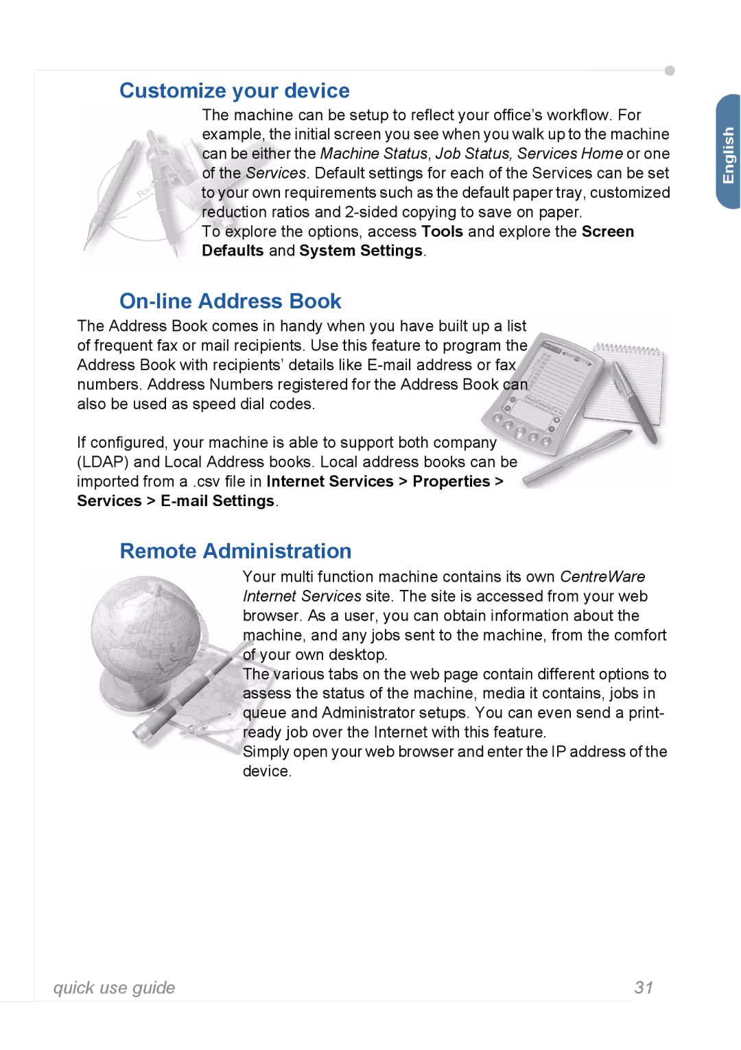 Xerox 3635MFP manual Customize your device, On-line Address Book, Remote Administration 