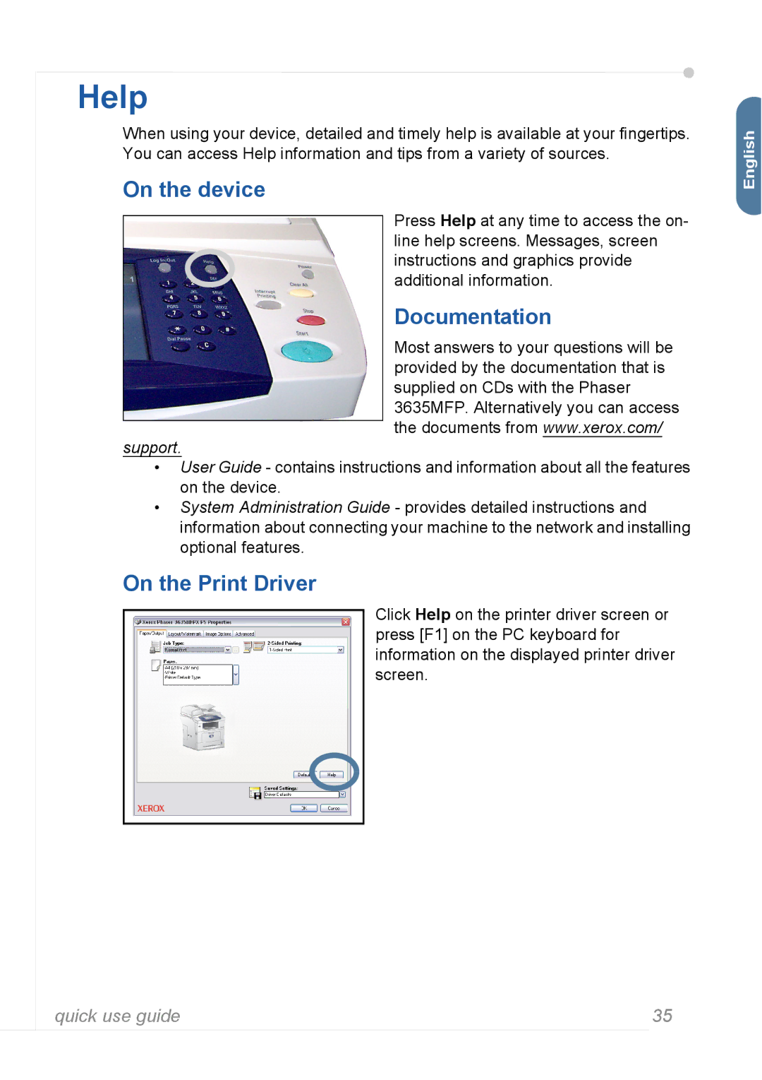 Xerox 3635MFP manual Help, On the device, Documentation, On the Print Driver 