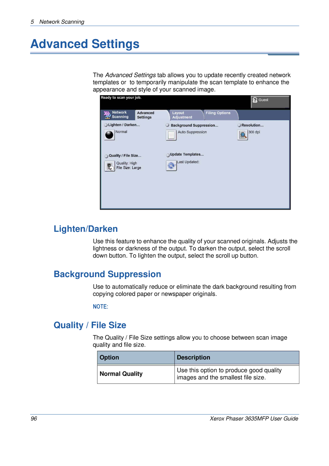 Xerox 3635MFP/S manual Advanced Settings, Quality / File Size 