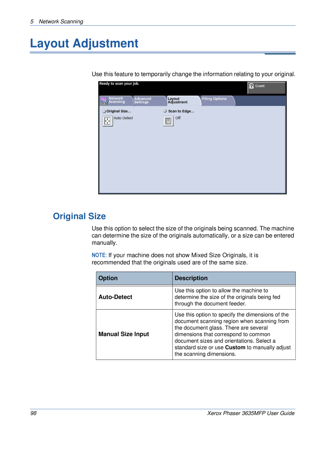 Xerox 3635MFP/S manual Layout Adjustment, Manual Size Input 