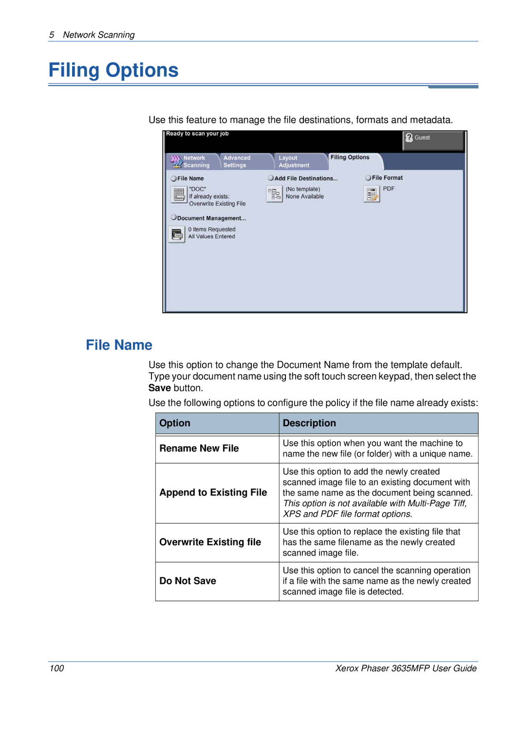 Xerox 3635MFP/S manual Filing Options, File Name 