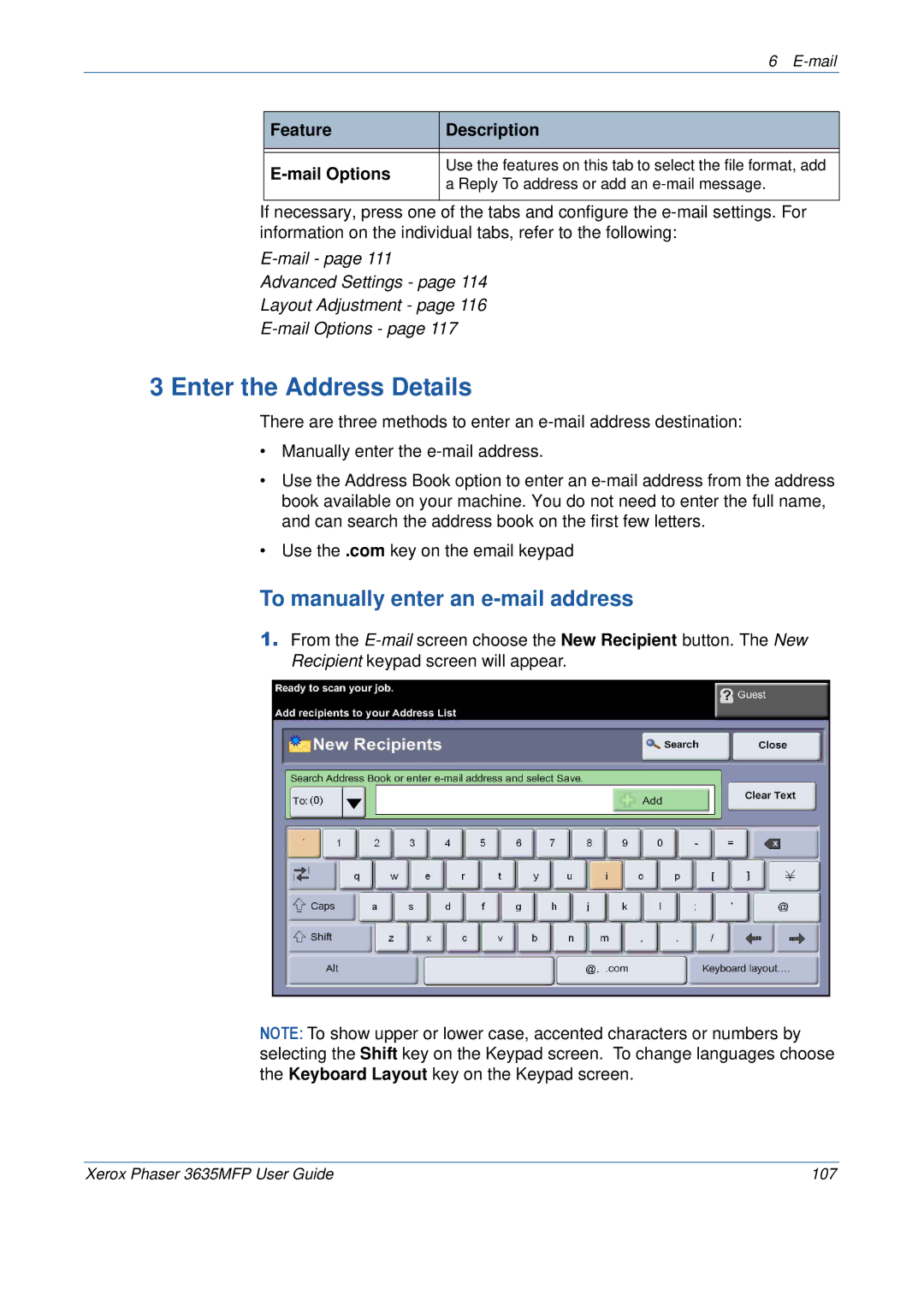 Xerox 3635MFP/S Enter the Address Details, To manually enter an e-mail address, Feature Description Mail Options 