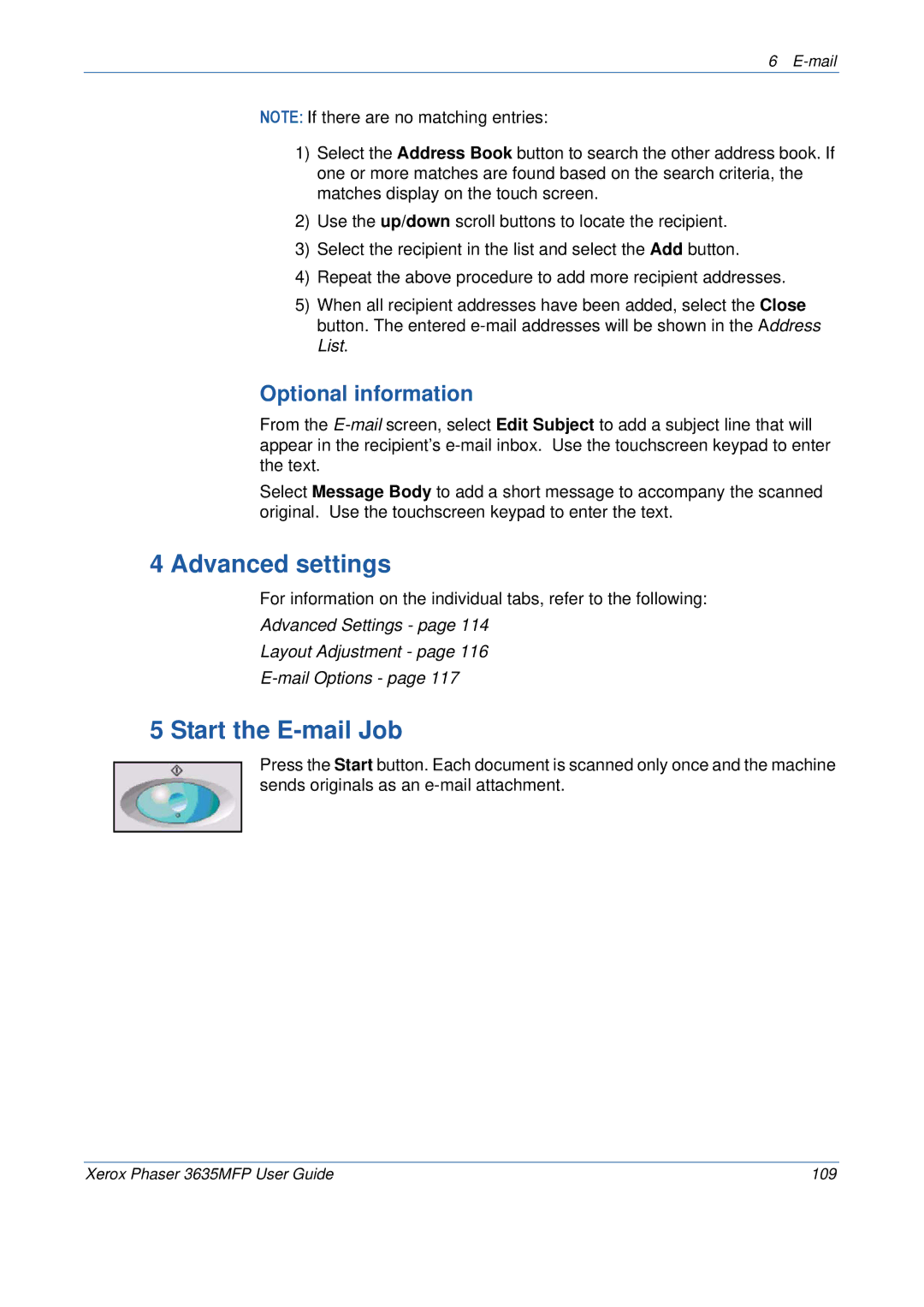 Xerox 3635MFP/S manual Advanced settings, Start the E-mail Job, Optional information 