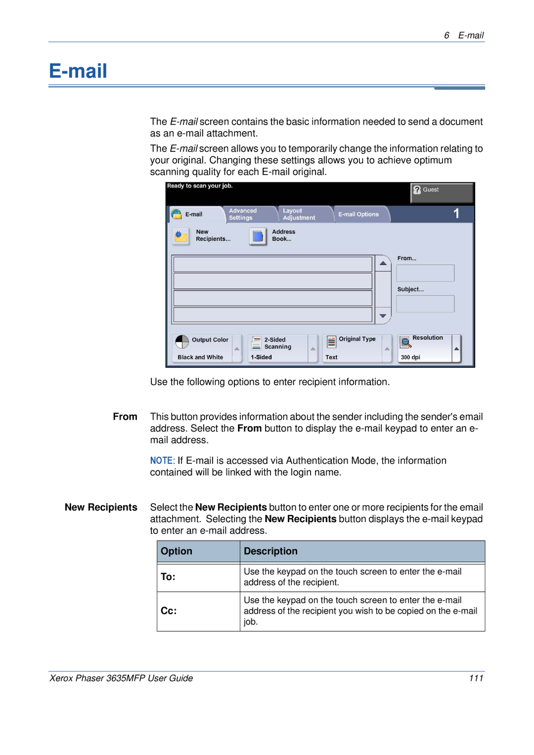 Xerox 3635MFP/S manual Mail, Option Description 