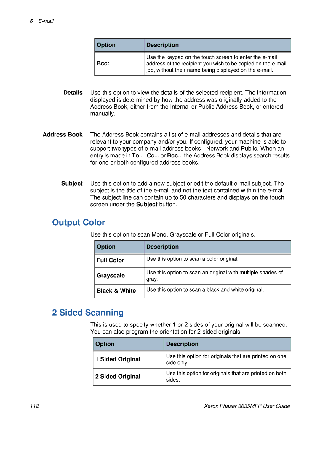 Xerox 3635MFP/S manual Option Description Bcc, Option Description Sided Original 