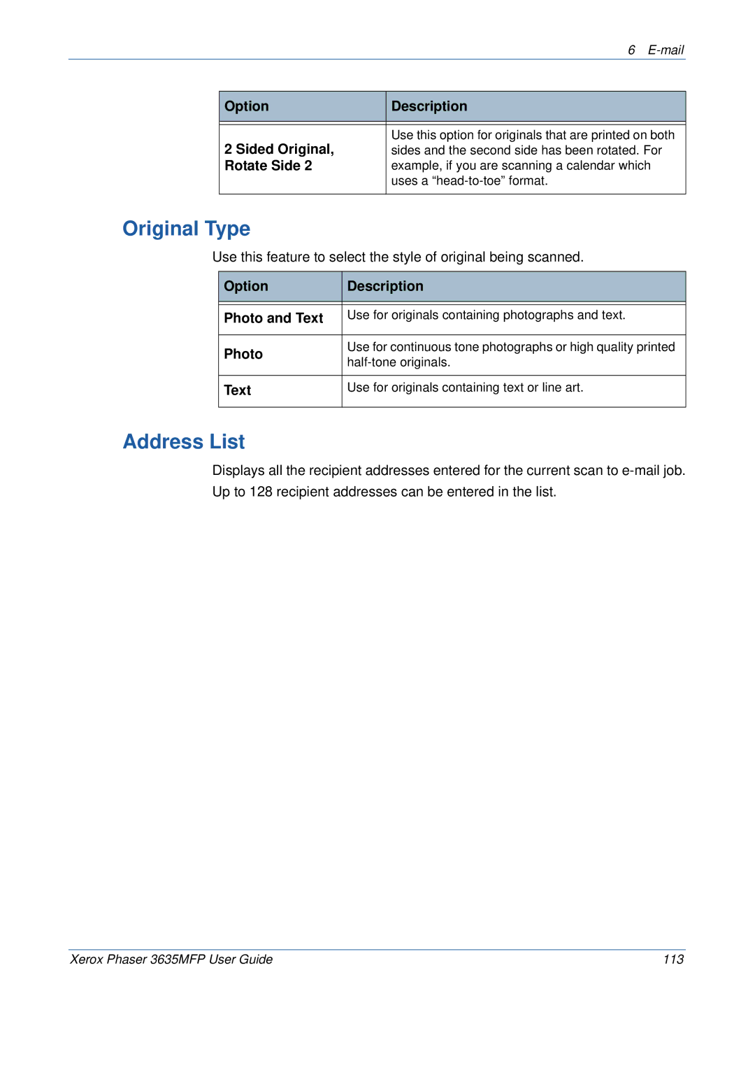 Xerox 3635MFP/S manual Address List, Option Description Photo and Text 