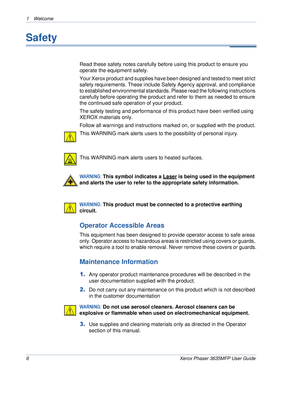 Xerox 3635MFP/S manual Safety, Operator Accessible Areas, Maintenance Information 