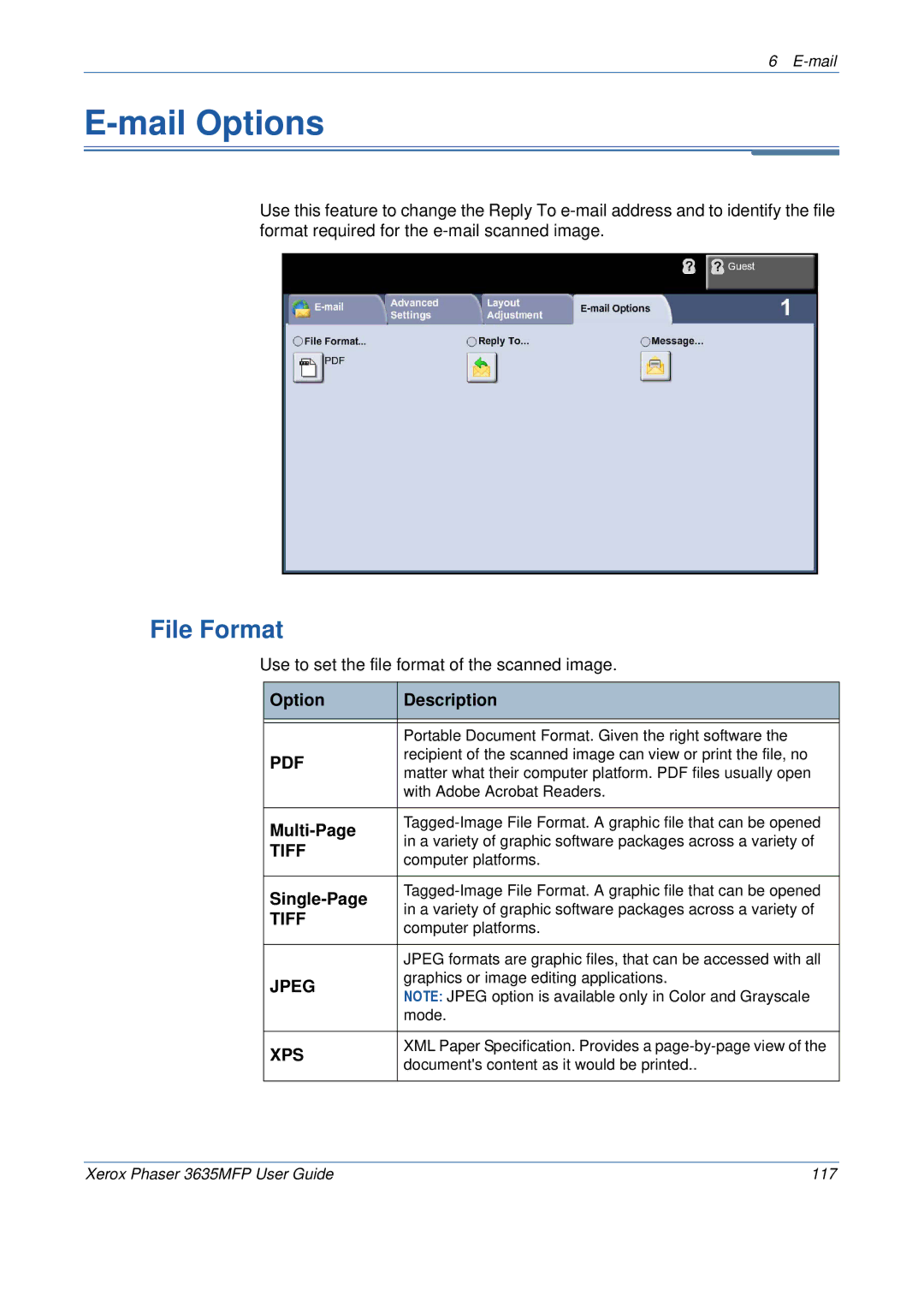 Xerox 3635MFP/S manual Mail Options, File Format 