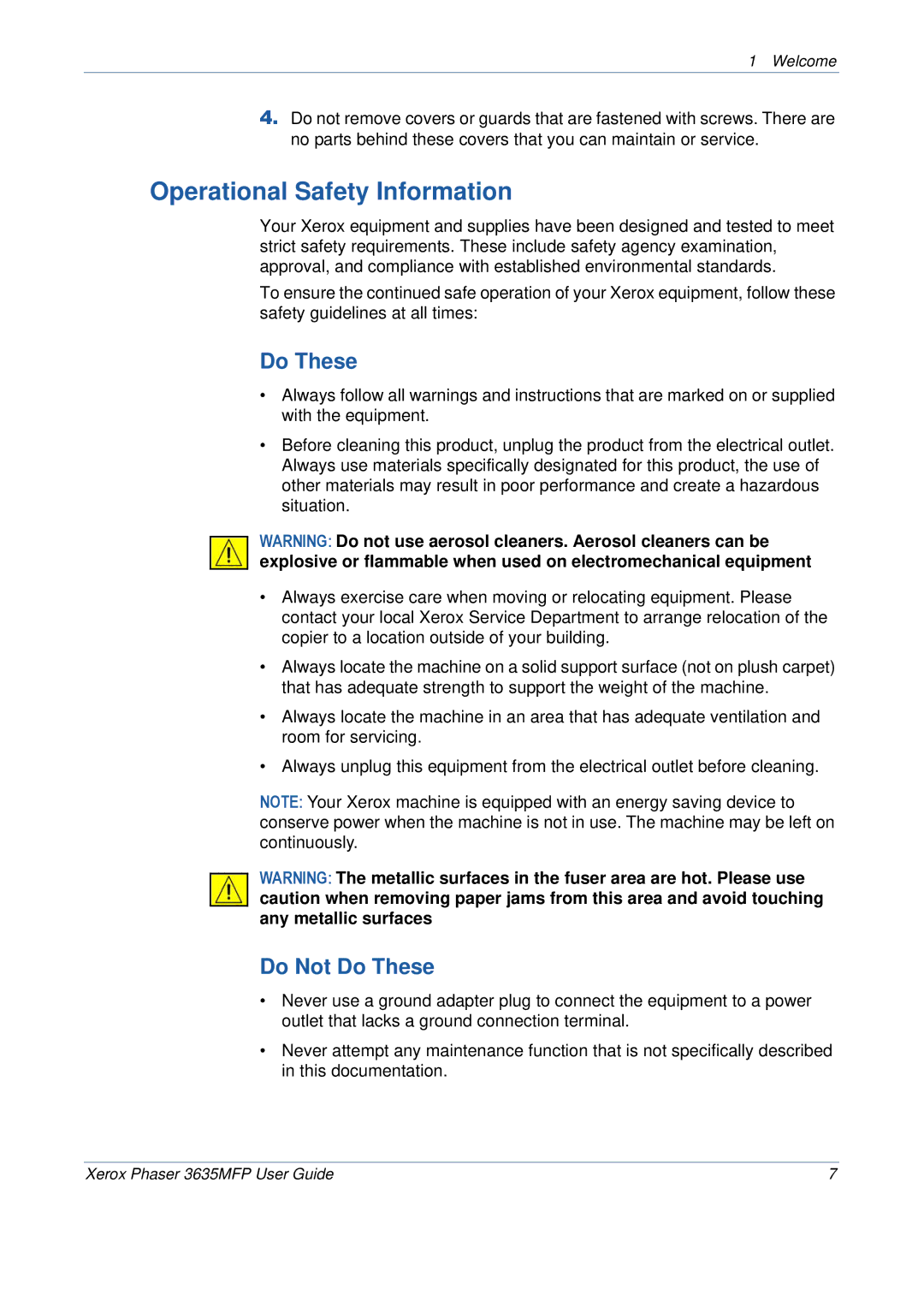 Xerox 3635MFP/S manual Operational Safety Information, Do Not Do These 