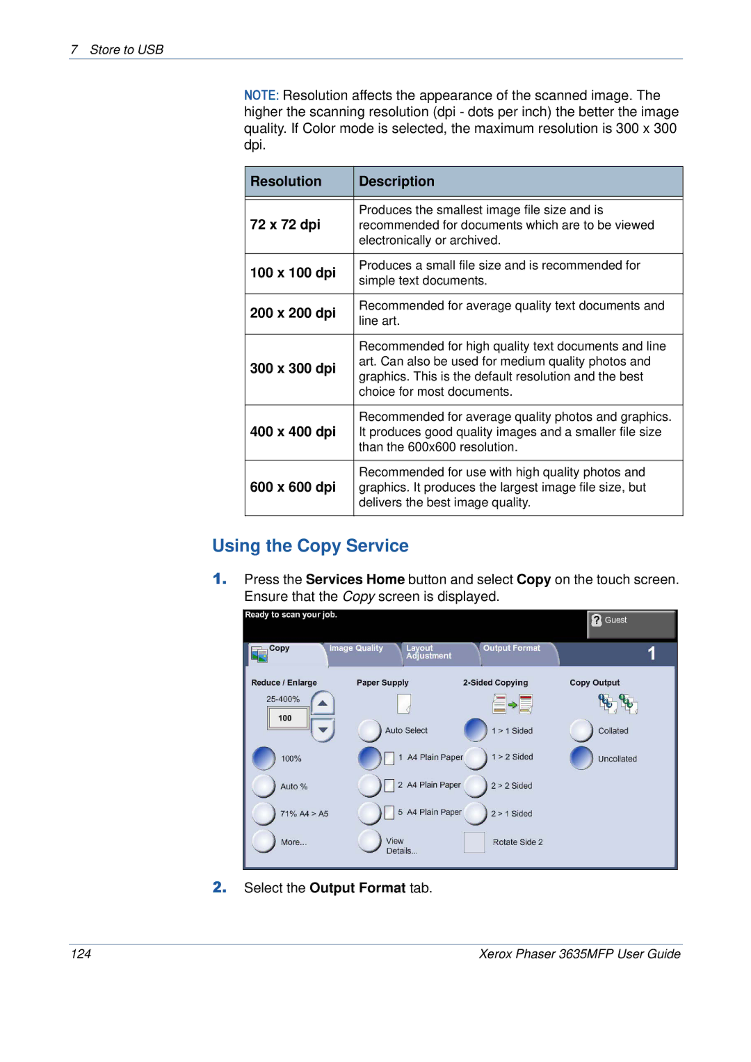 Xerox 3635MFP/S manual Using the Copy Service, Resolution Description 72 x 72 dpi 