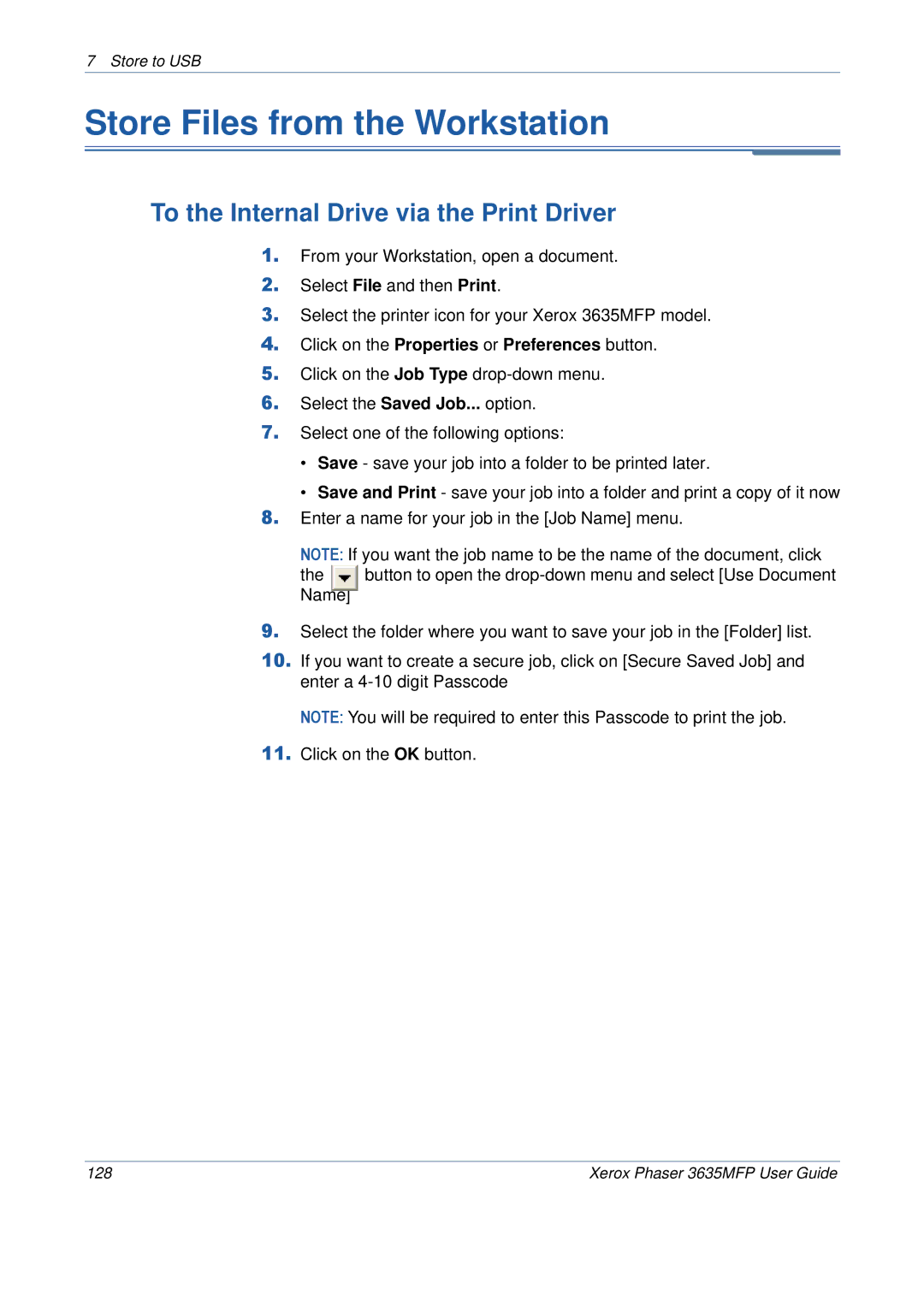 Xerox 3635MFP/S manual Store Files from the Workstation, To the Internal Drive via the Print Driver 