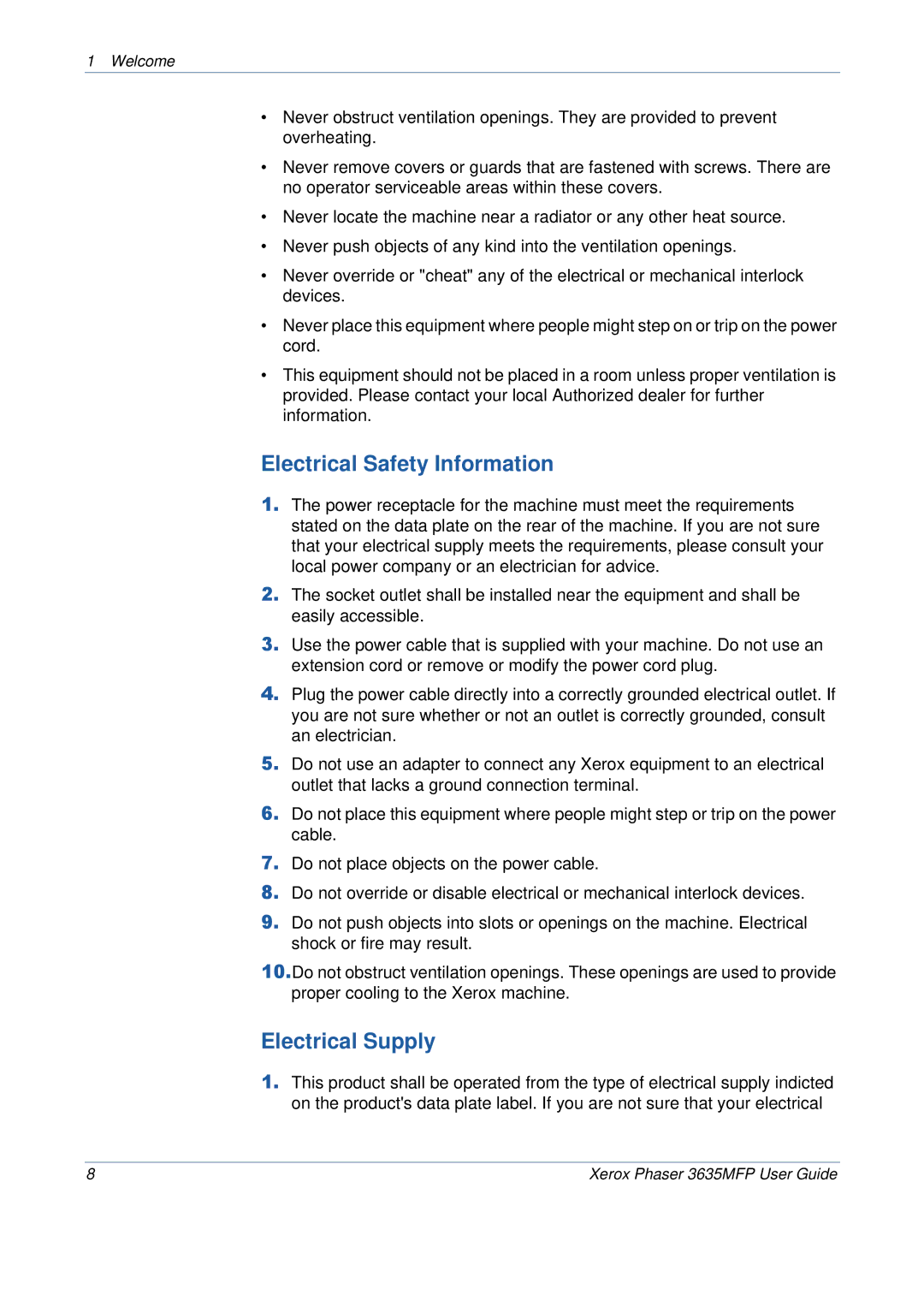 Xerox 3635MFP/S manual Electrical Safety Information, Electrical Supply 