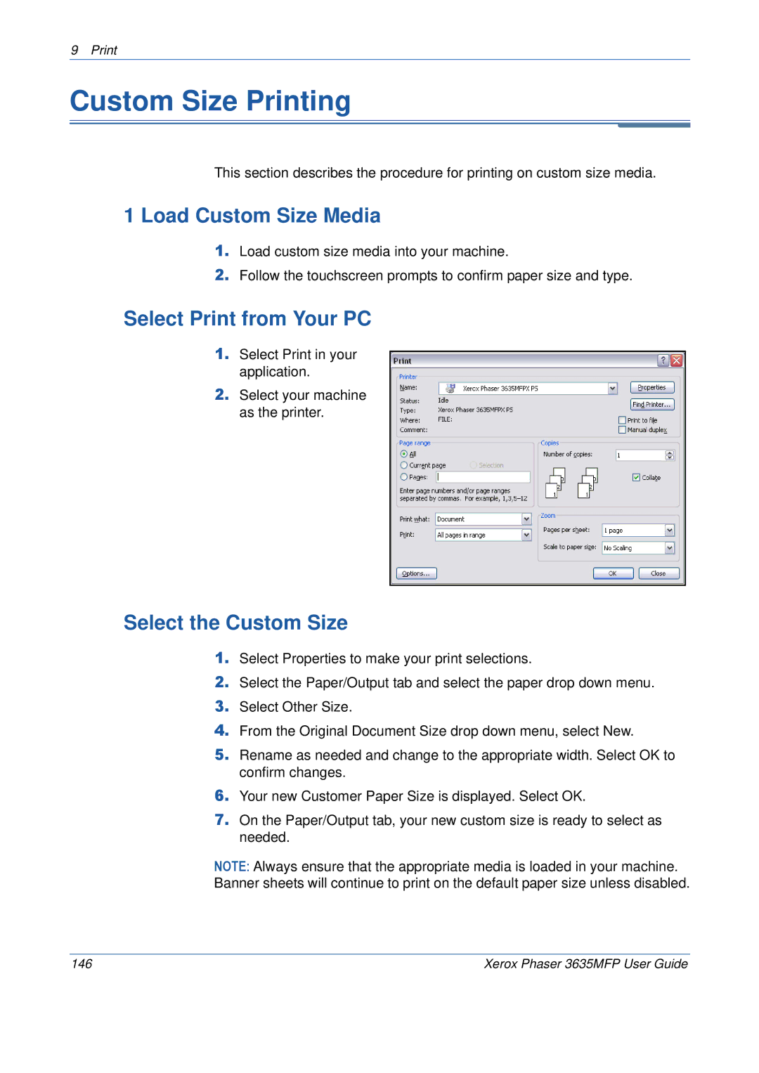 Xerox 3635MFP/S manual Custom Size Printing, Load Custom Size Media, Select the Custom Size 