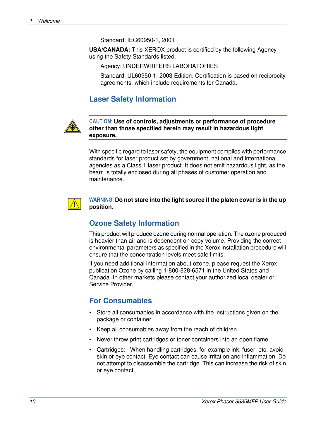 Xerox 3635MFP/S manual Laser Safety Information, Ozone Safety Information, For Consumables 