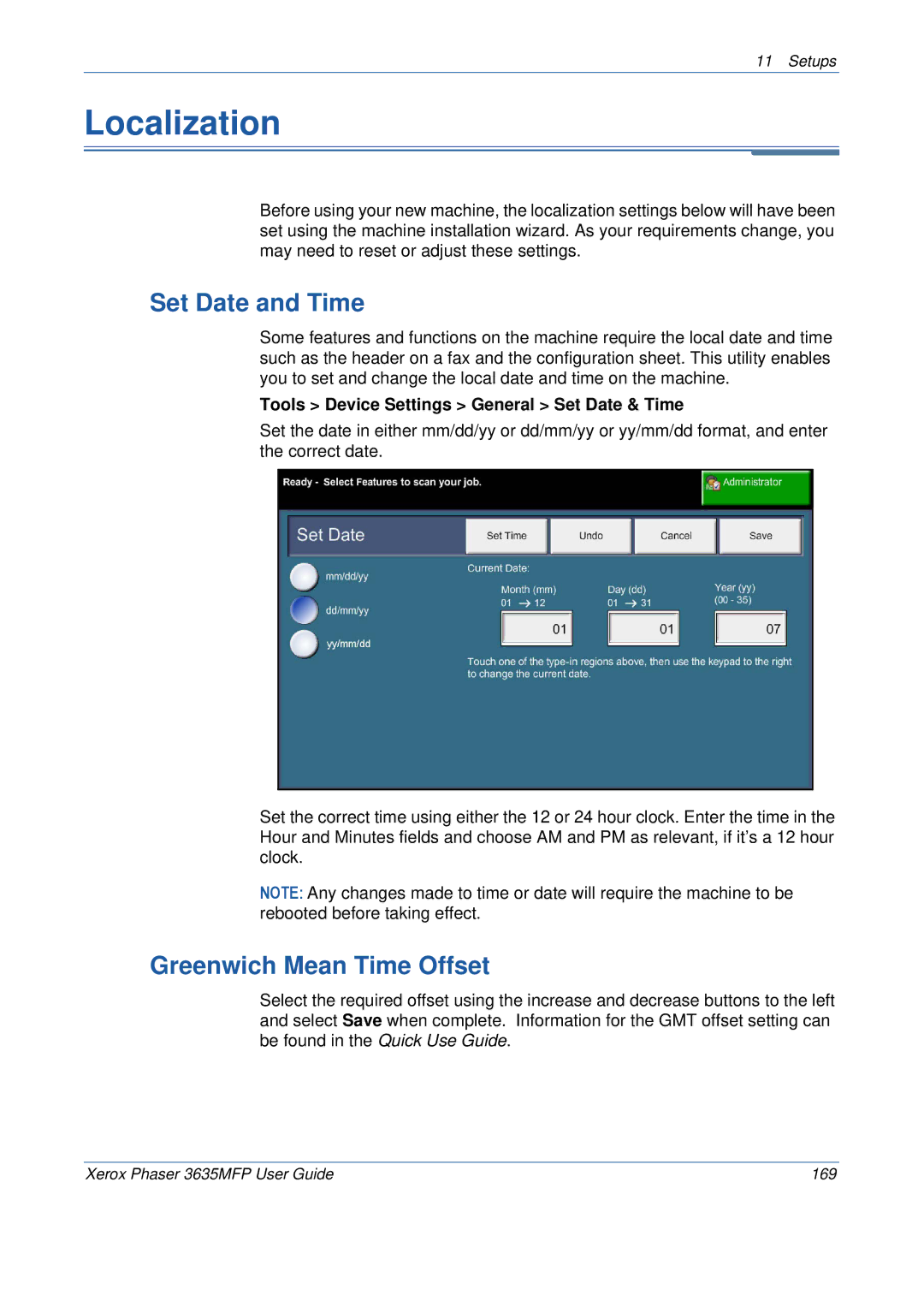 Xerox 3635MFP/S Localization, Set Date and Time, Greenwich Mean Time Offset, Tools Device Settings General Set Date & Time 