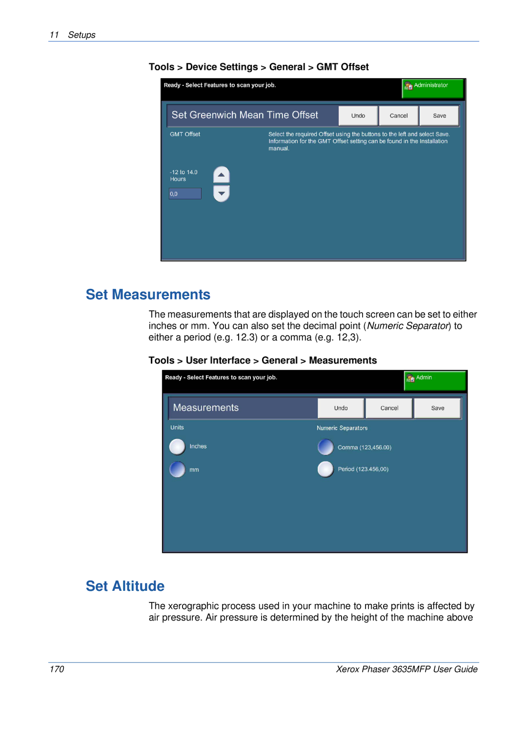 Xerox 3635MFP/S manual Set Measurements, Set Altitude, Tools Device Settings General GMT Offset 