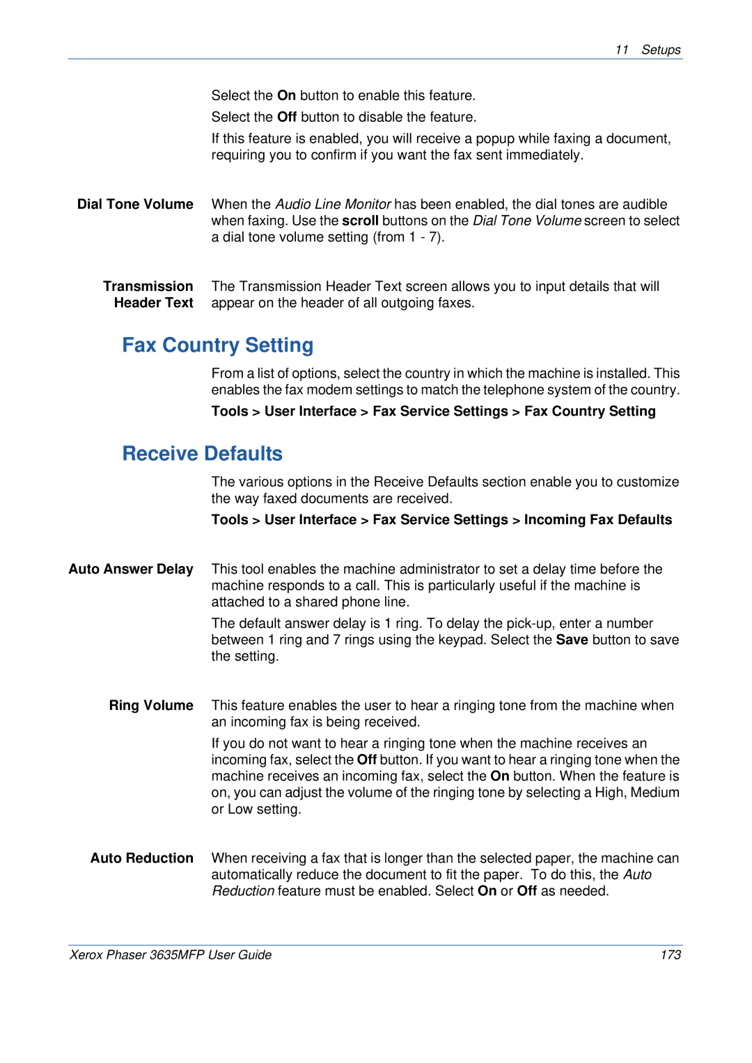 Xerox 3635MFP/S manual Fax Country Setting, Receive Defaults 