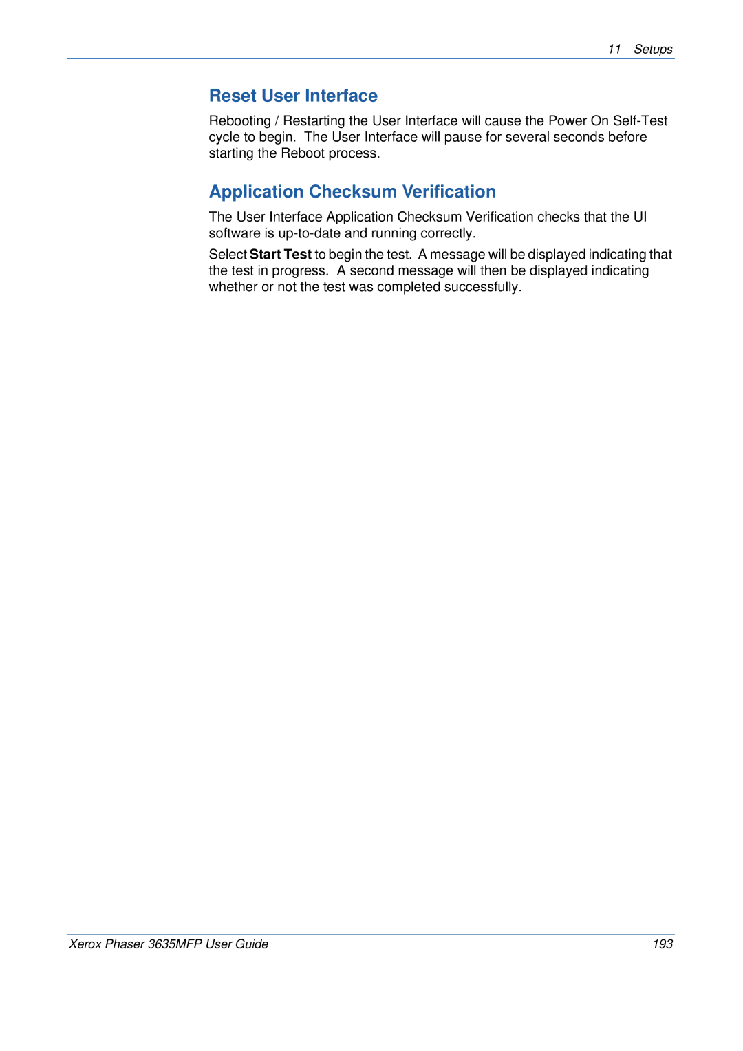 Xerox 3635MFP/S manual Reset User Interface, Application Checksum Verification 