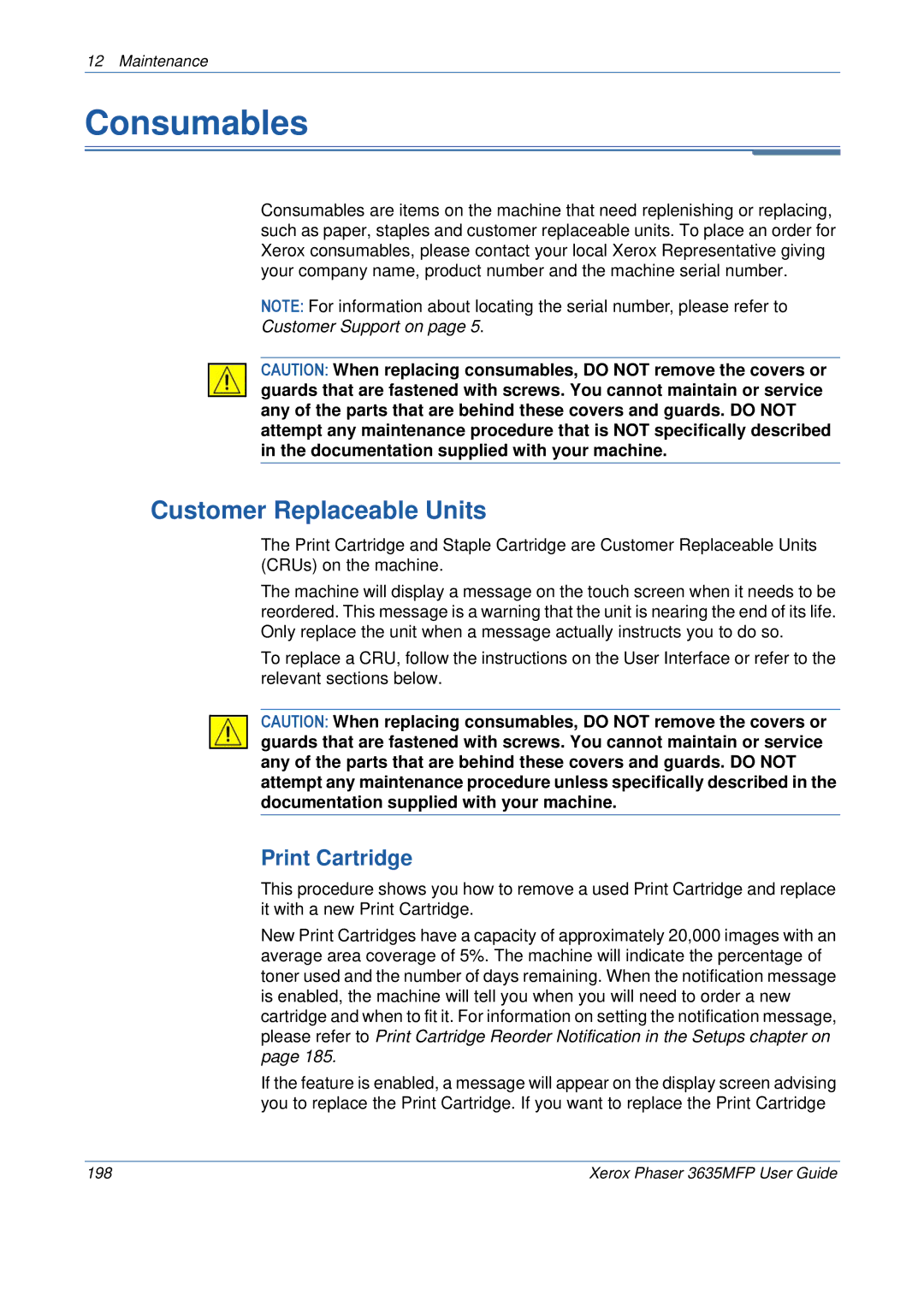 Xerox 3635MFP/S manual Consumables, Customer Replaceable Units, Print Cartridge 