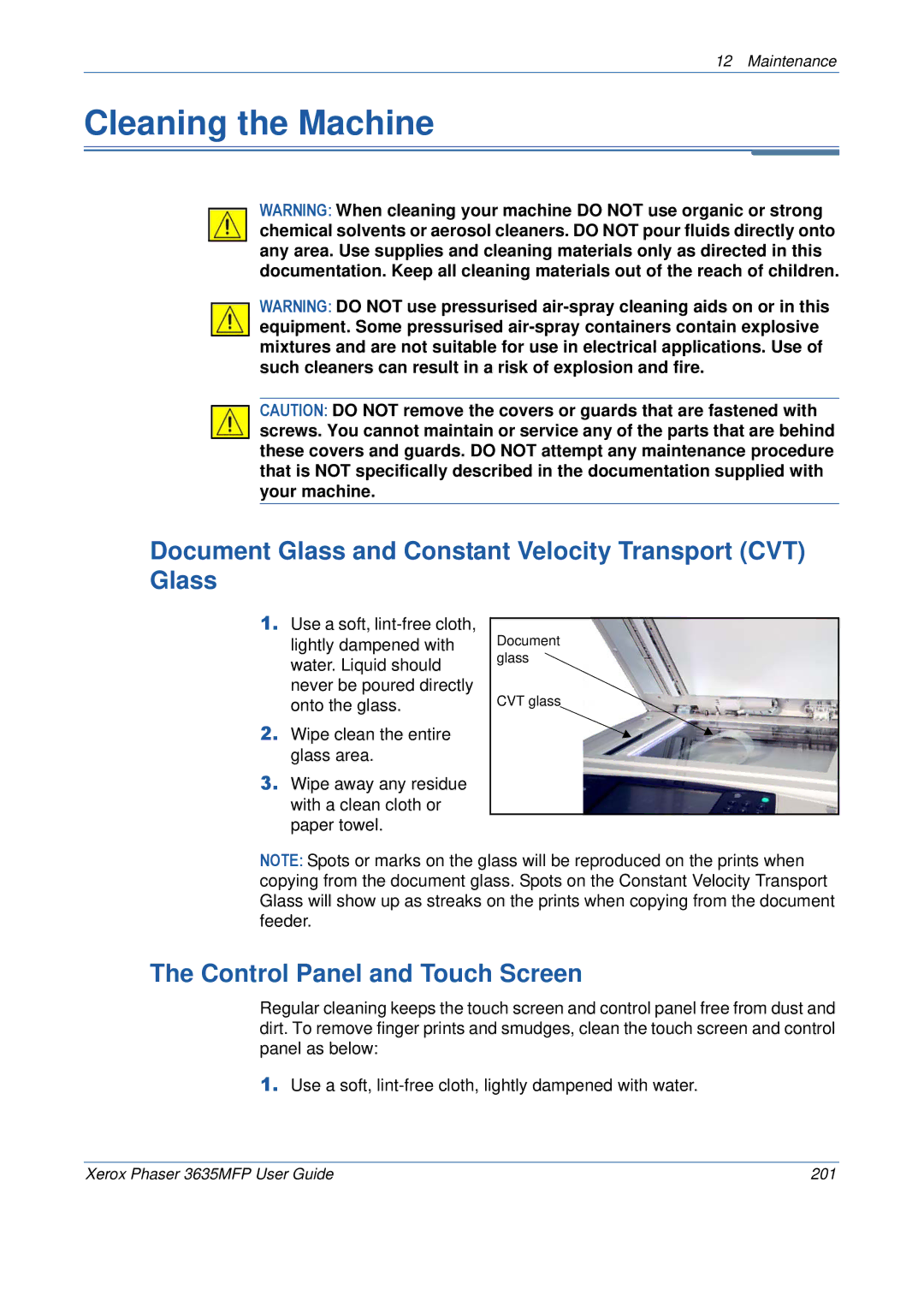 Xerox 3635MFP/S manual Cleaning the Machine, Document Glass and Constant Velocity Transport CVT Glass 