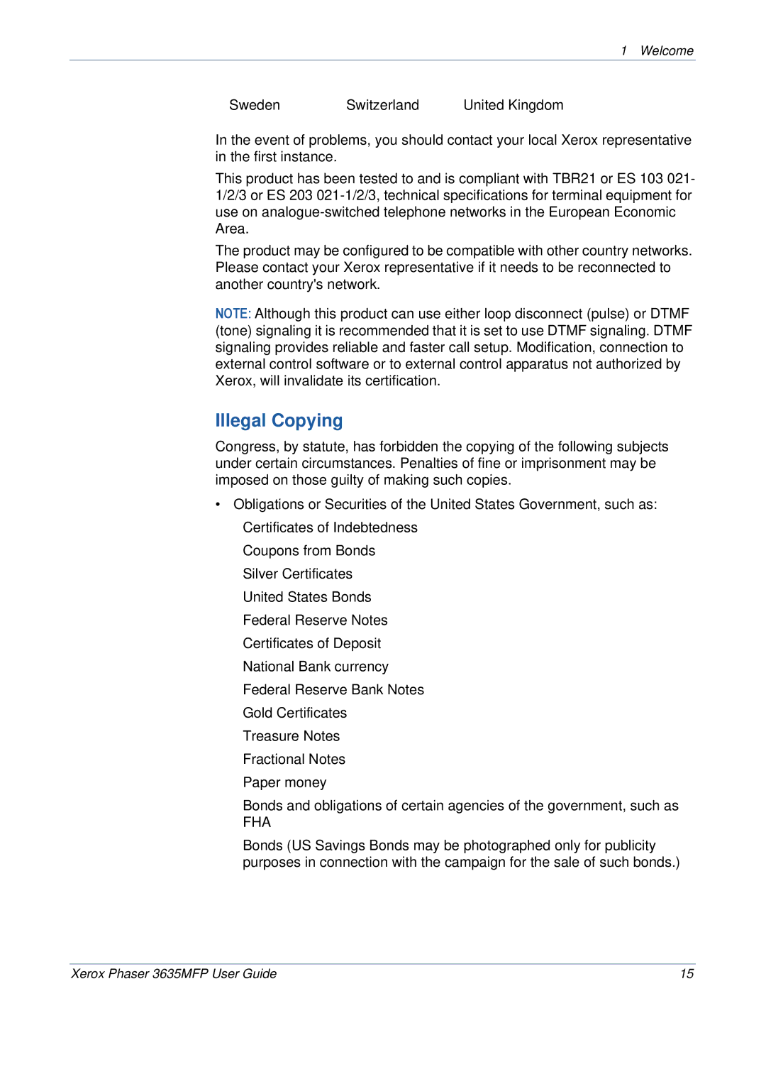 Xerox 3635MFP/S manual Illegal Copying, Fha 