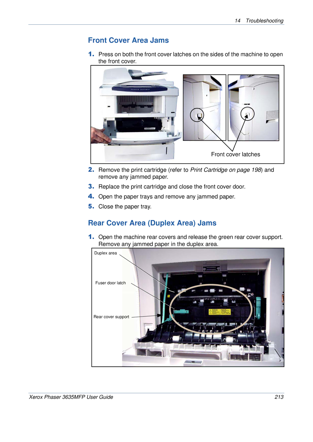 Xerox 3635MFP/S manual Front Cover Area Jams, Rear Cover Area Duplex Area Jams 