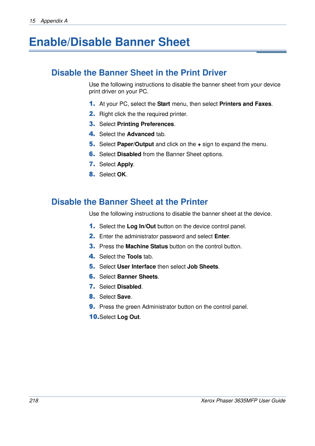 Xerox 3635MFP/S Enable/Disable Banner Sheet, Disable the Banner Sheet in the Print Driver, Select Printing Preferences 