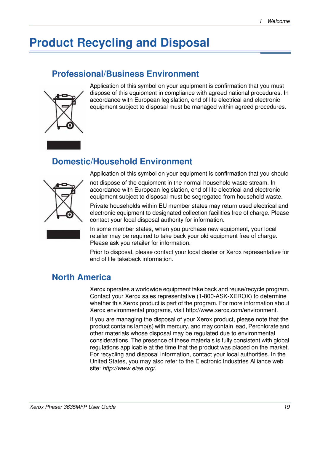 Xerox 3635MFP/S manual Product Recycling and Disposal, Professional/Business Environment, Domestic/Household Environment 