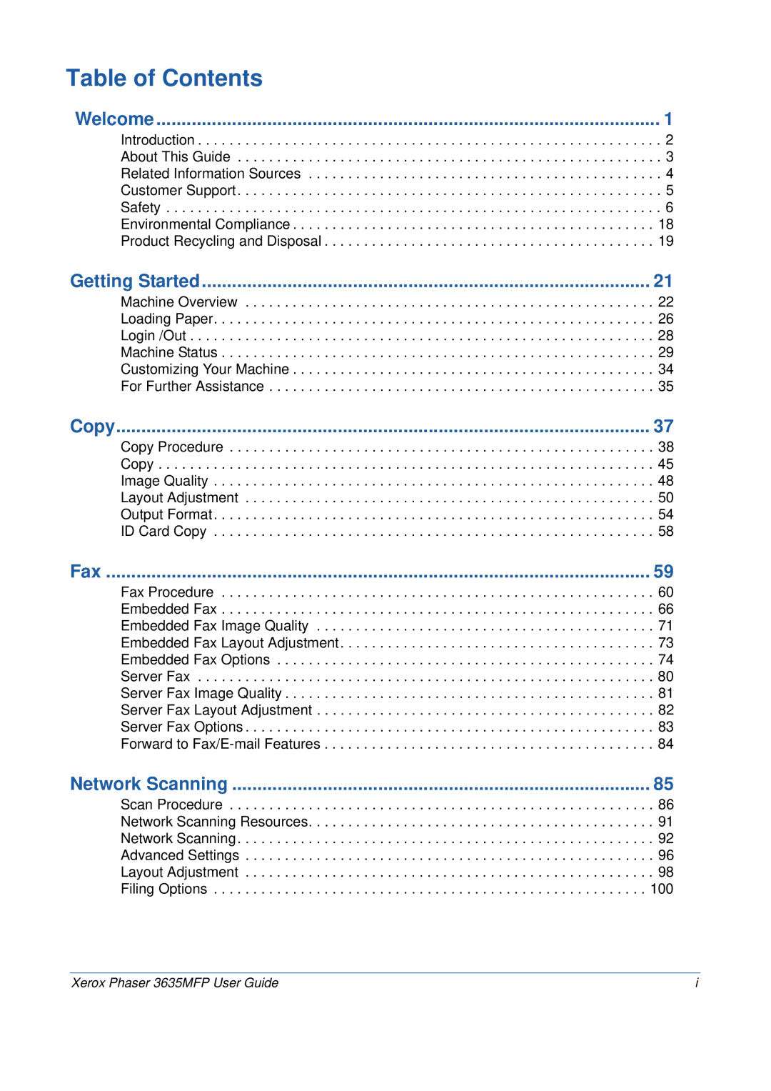 Xerox 3635MFP/S manual Table of Contents 